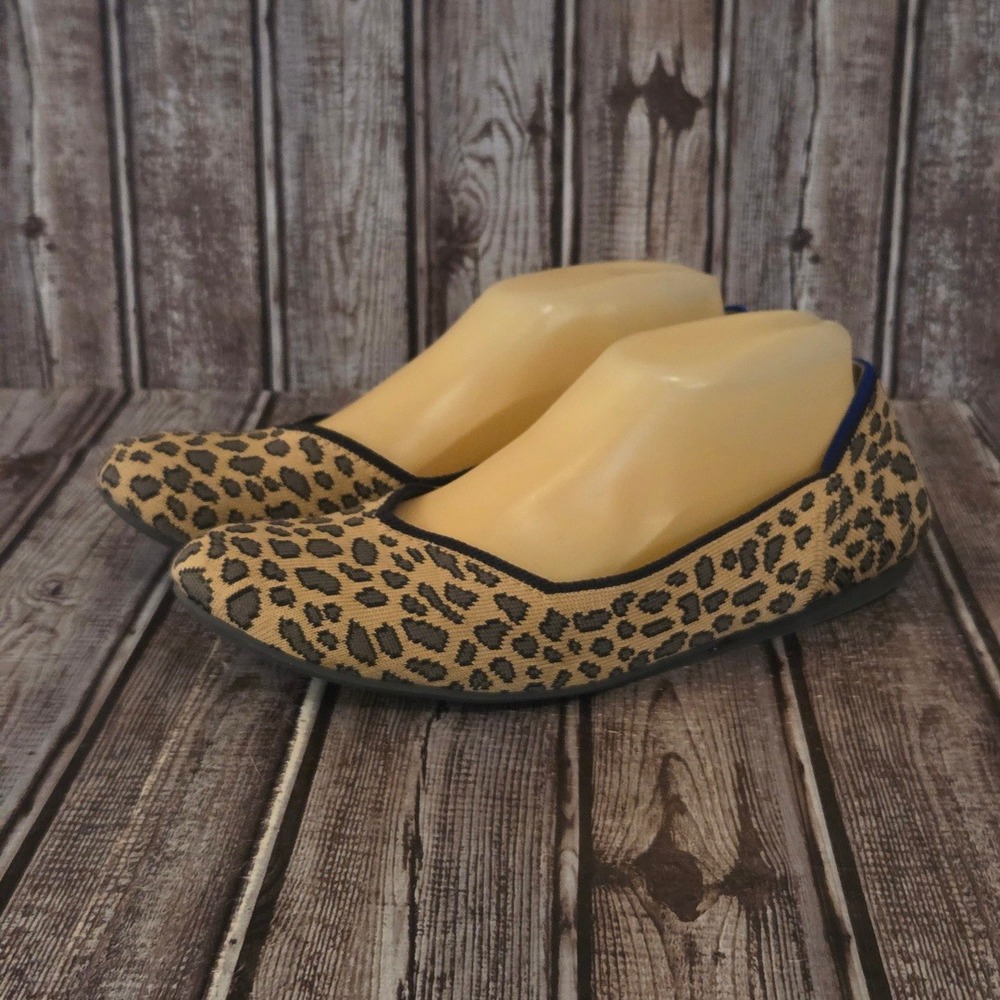 Sz 10.5 Womens Rothys The Flat Leopard Tan Black Retired Ballet Flats Shoes